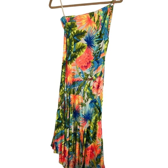 Farm Rio Dress L Orange Tropical Hi Lo Maxi One Shoulder Strap Blue Side Split G - Picture 9 of 15